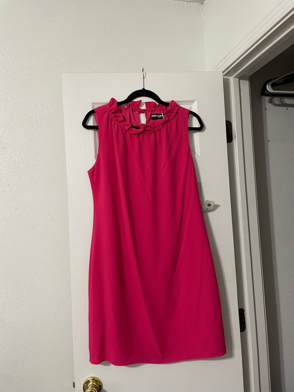 Karl Lagerfeld Bright Fuchsia Sleeveless Ruffle-Neck Shift Dress
